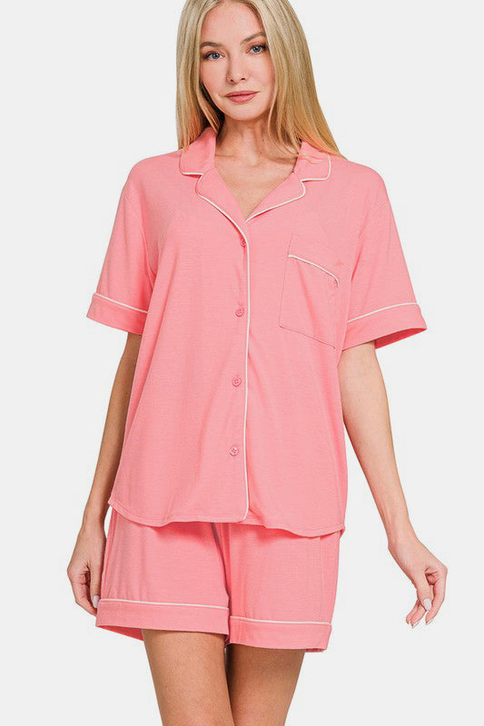 Zenana Button Down Short Sleeve Top and Shorts Lounge Set DK PINK