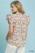 Umgee Floral Print Ruffle Cap Sleeve Blouse