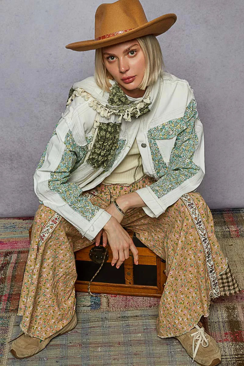 POL Off White Button Down Patchwork Denim Jacket with Floral Print Details