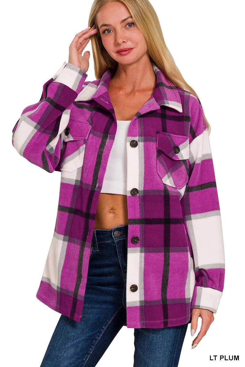 Zenana Light Plum Oversized Plaid Fleece Shacket