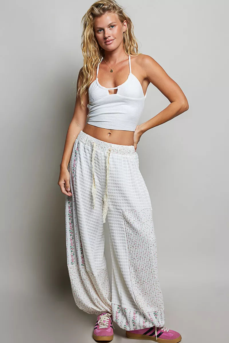 POL Ivory Patchwork Mixed Knit Wide Leg Pants