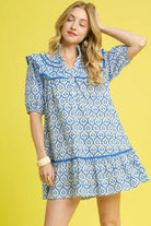 Umgee Abstract Printed Ruffled Trim Puff Sleeve Mini Dress