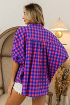 BiBi Navy & Pink Plaid Button Up Dolman Sleeve Shirt Trendsi