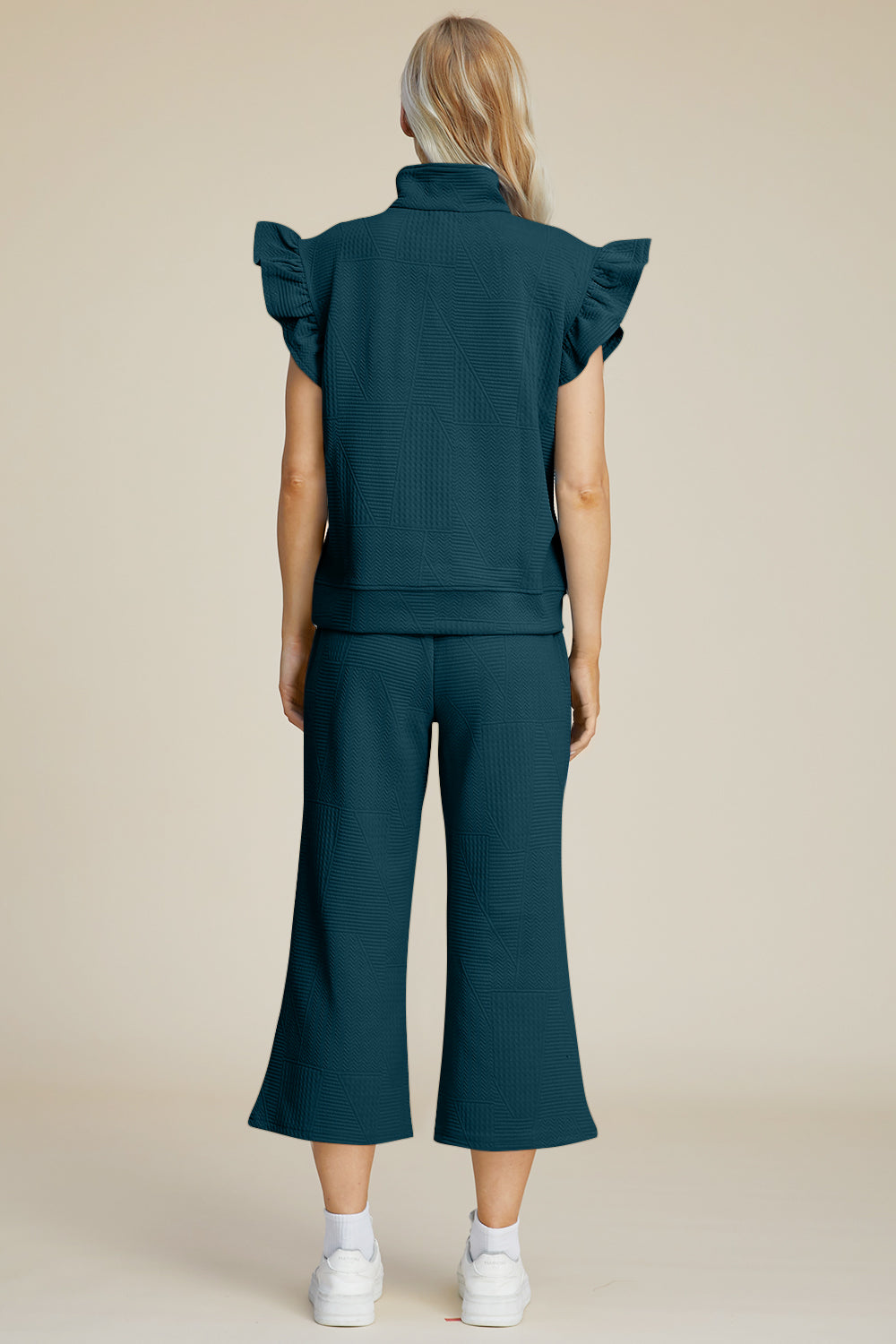 Double Take Geometric Textured Ruffle Short Sleeve Top and Wide Leg Pants Set Trendsi