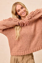 BiBi Dusty Peach Chunky Knit Sweater with Flower Detail Sleeves