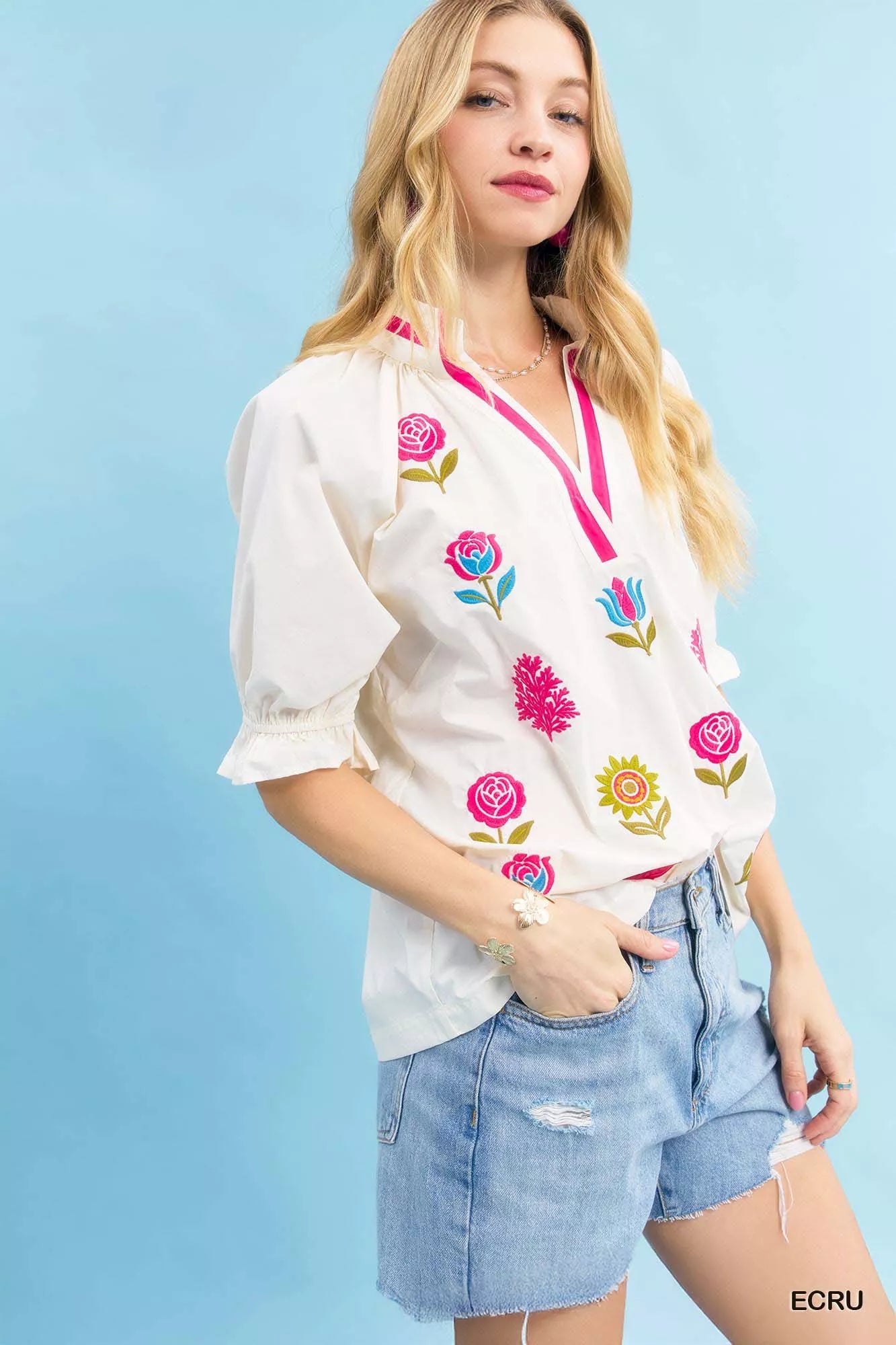 Umgee Embroidered Floral Top with Contrast Trim