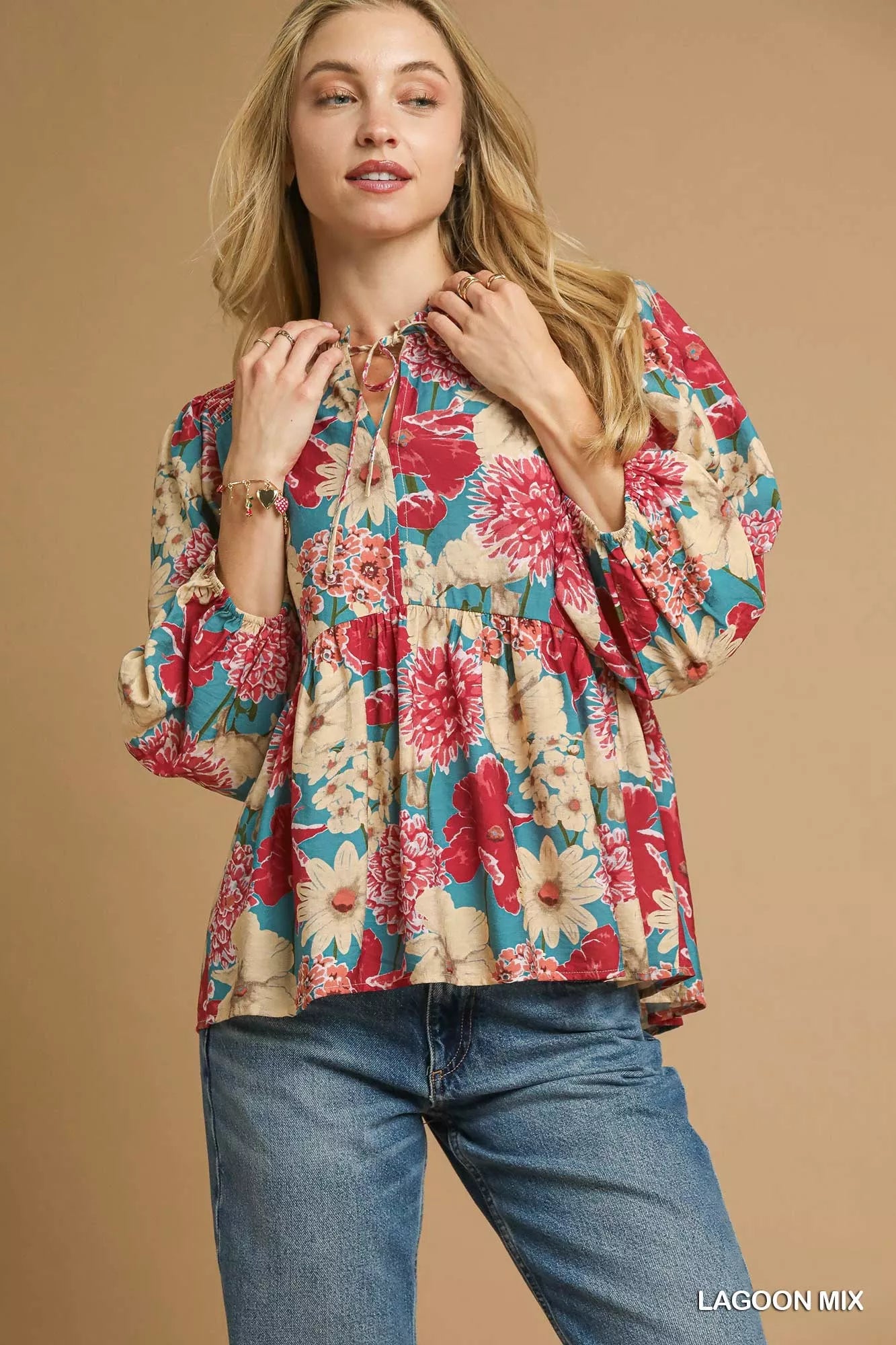 Umgee Lagoon Mix Floral Peplum Blouse with Tie Neck LAGOON MIX