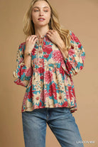 Umgee Lagoon Mix Floral Peplum Blouse with Tie Neck LAGOON MIX