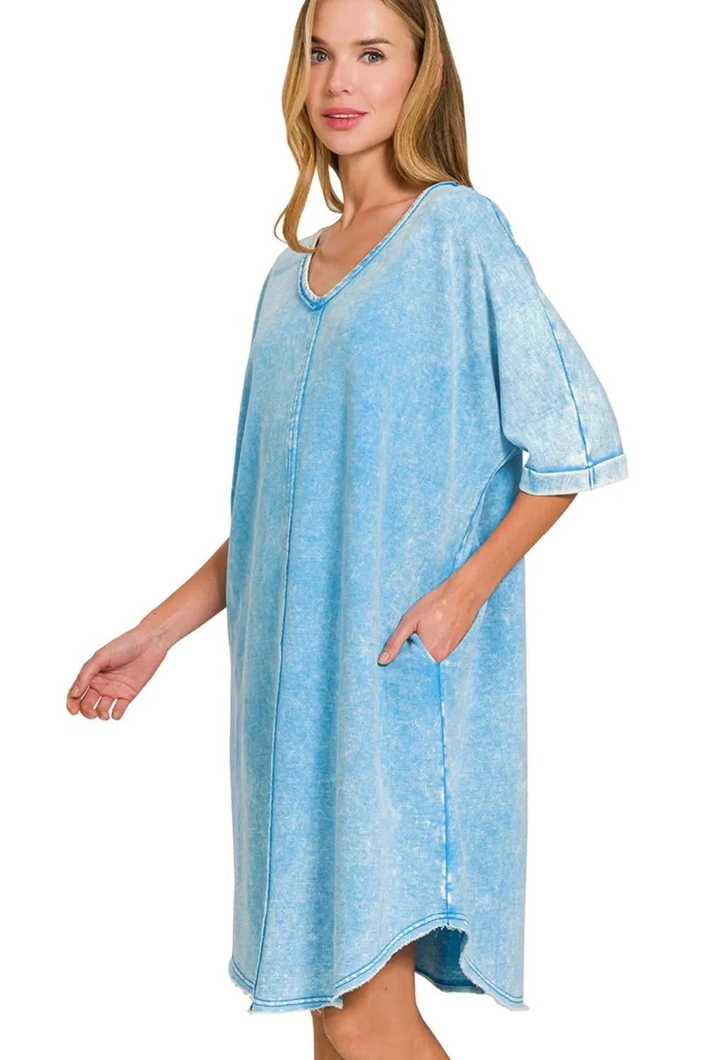 Zenana Deep Sky Acid-washed French Terry Tee Shirt Dress