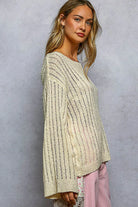 POL Natural Round Neck Long Sleeve Open Weave Sweater