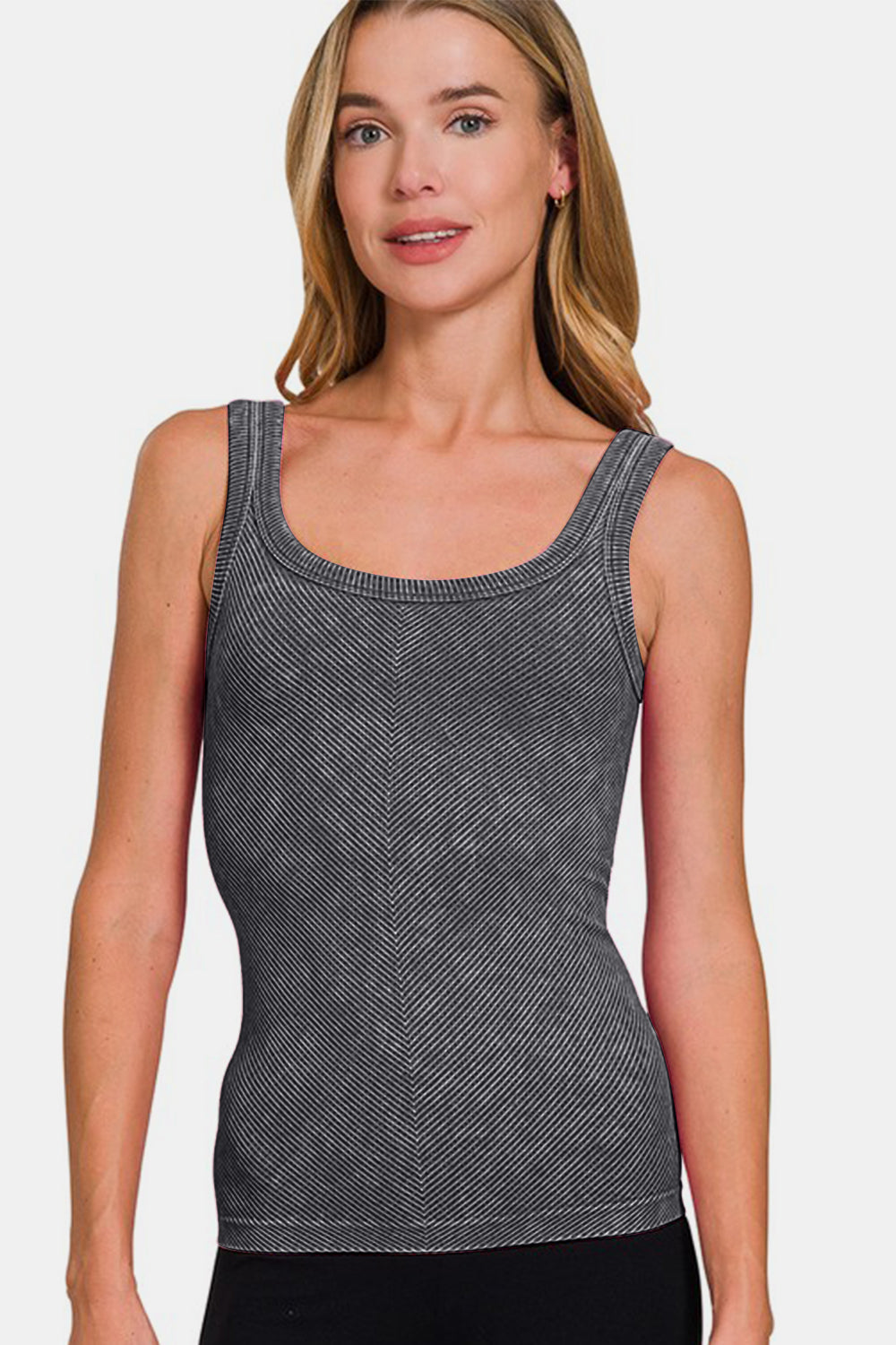 Zenana Black Stone Washed Ribbed Scoop Neck Tank Top