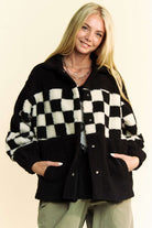 Davi & Dani Black Checkered Snap Down Faux Fur Jacket Black Trendsi