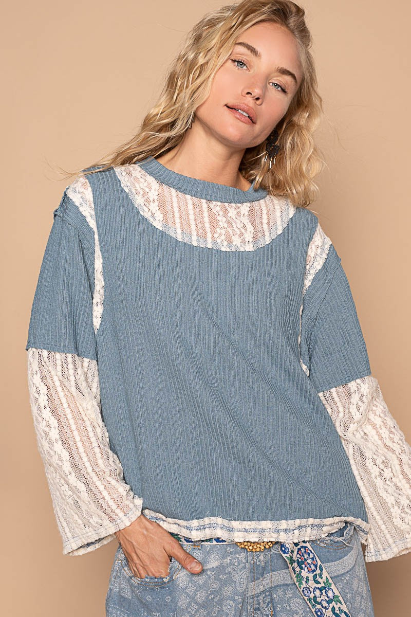 POL Lace Panel Round Neck Long Sleeve Top Trendsi