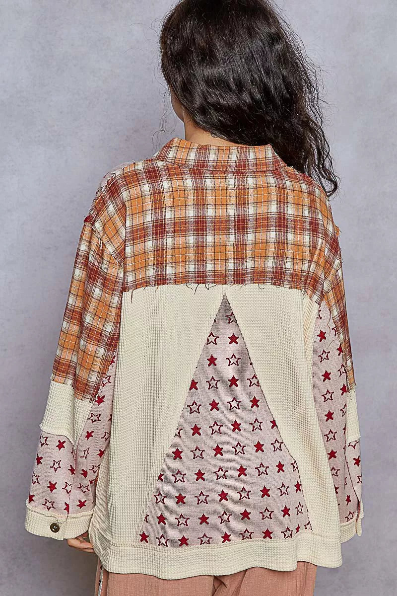 POL Cream Plaid and Star Contrast Button Down Shacket
