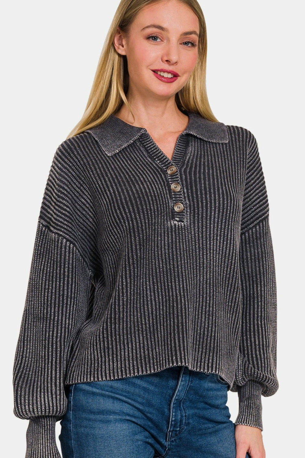 Zenana Black Washed Half Button Long Sleeve Sweater Black Shirts & Tops