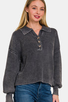 Zenana Black Washed Half Button Long Sleeve Sweater Black Trendsi