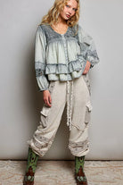 POL Washed Layered Lace Pintuck Flared Woven Blouse