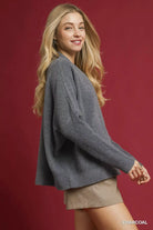 Umgee Charcoal V-Neck Sweater with Wide Trim Detail