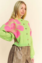 Davi & Dani Lime Flower Contrast Round Neck Long Sleeve Button Down Cardigan Shirts & Tops