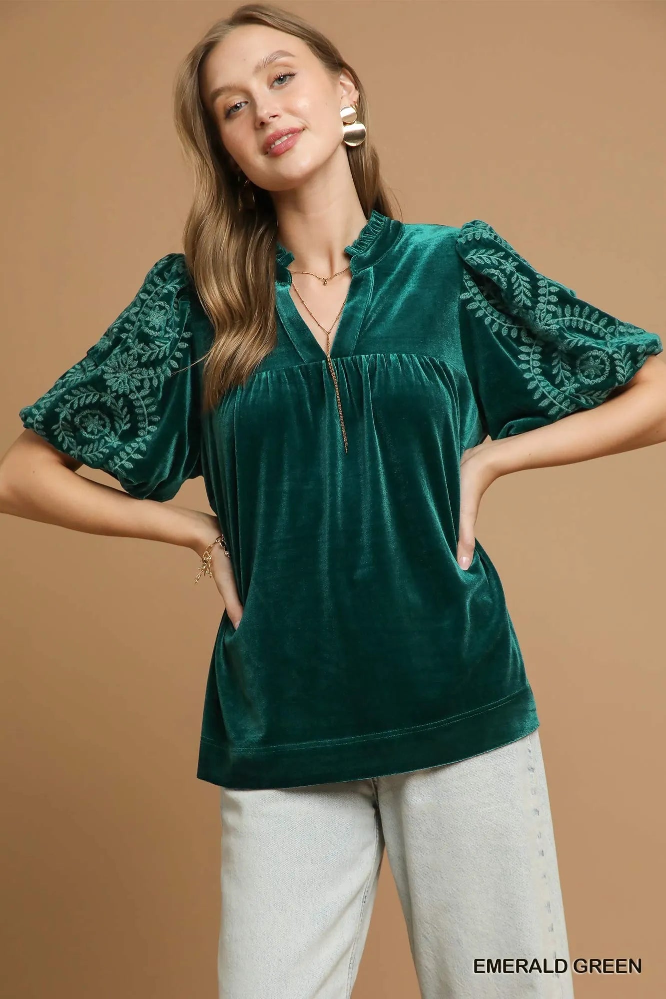 Umgee Emerald Green Velvet Embroidered Sleeve Blouse EMERALD GREEN