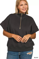 Zenana Black Scuba High Neck Half Zip Short Sleeve Top