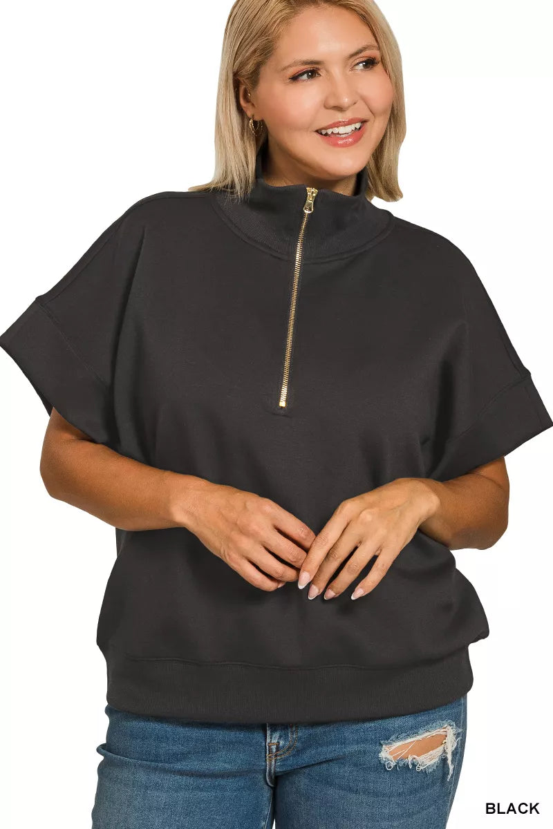 Zenana Black Scuba High Neck Half Zip Short Sleeve Top