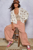 POL Openwork V-Neck Chenille Cardigan with Contrast Floral