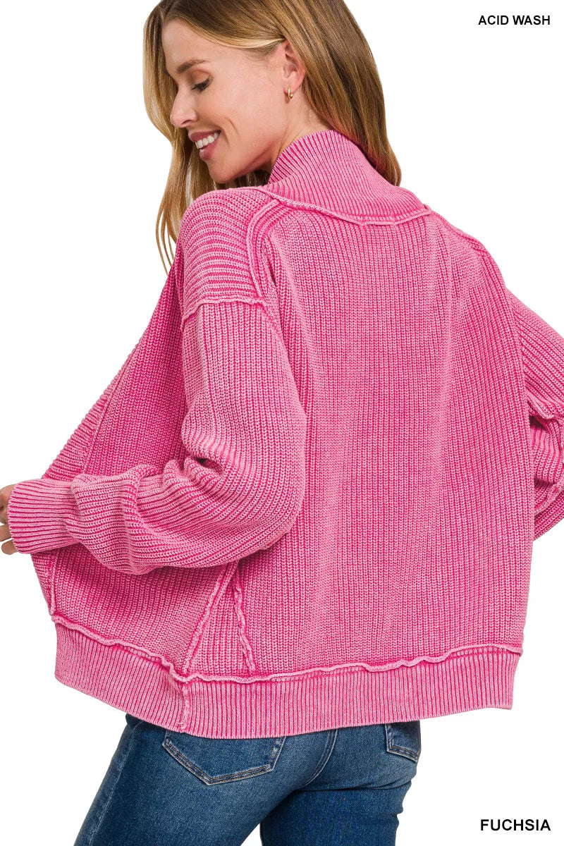 Zenana FuchsiaWashed Dropped Shoulder Cardigan with Side Pockets