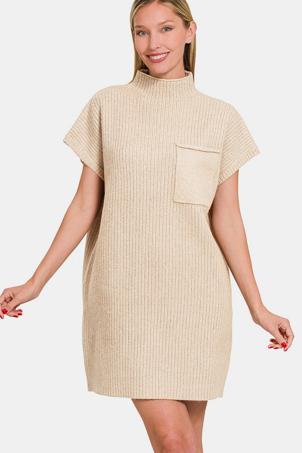 Zenana Sand Beige Short Sleeve Sweater Mini Dress Trendsi