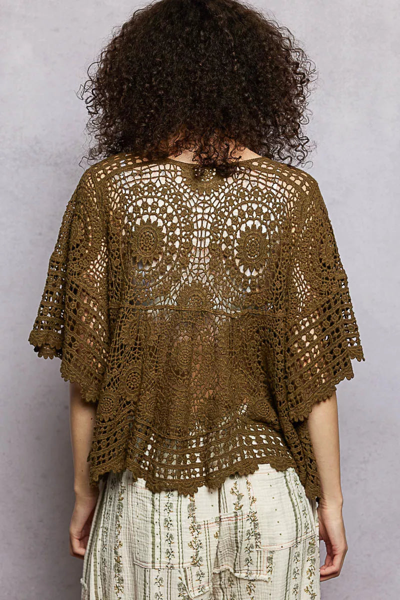 POL Olive V-Neck Crochet Top with Scalloped Hem