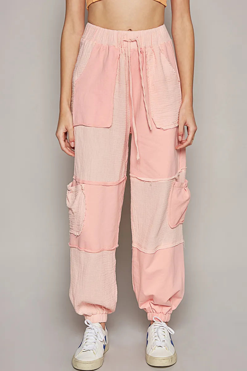 POL Blush Pink Drawstring Pocketed Contrast Linen Cargo Jogger Pants Blush Pink