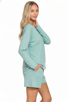 Zenana Dusy Teal Soft Melange Long Sleeve Tee and Shorts Set