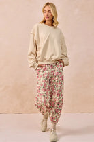 BiBi Cream & Pink Floral Printed Twill Drawstring Pants With Elastic Band