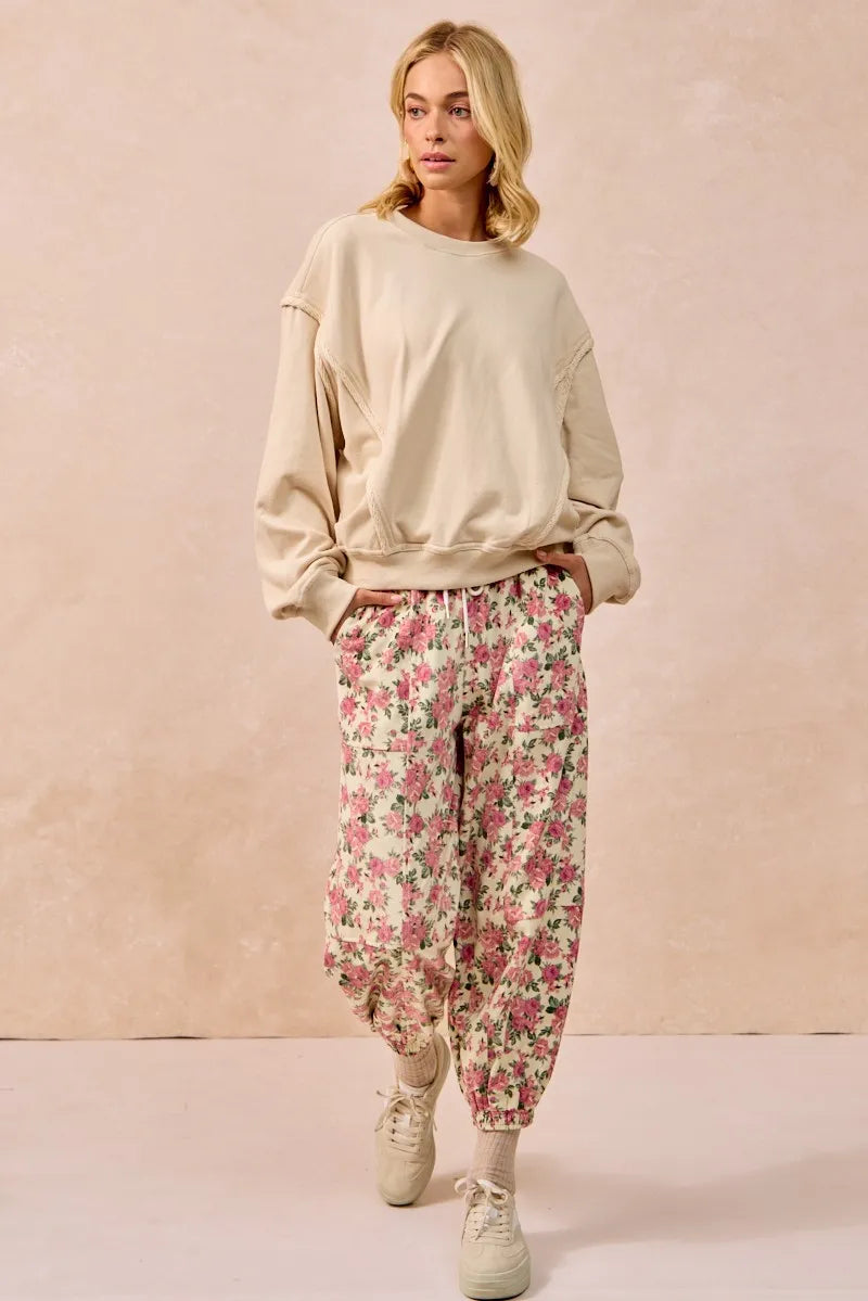 BiBi Cream & Pink Floral Printed Twill Drawstring Pants With Elastic Band
