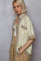 POL Cream Printed Button Down Patchwork Short Sleeve Shirt