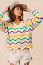 BiBi Mardi Gras Wavy Stripes V-Neck Sweater