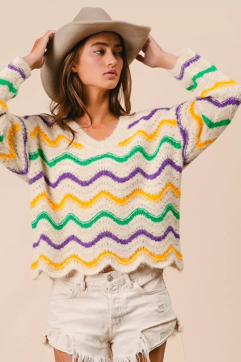 BiBi Mardi Gras Wavy Stripes V-Neck Sweater