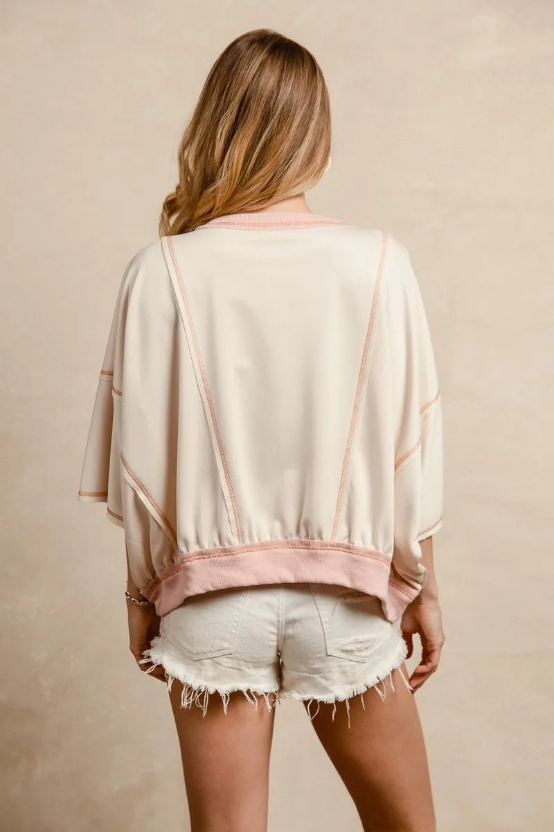 BiBi Oatmeal & Rose Leopard Print Texas Patchwork Overlock Stitch Top