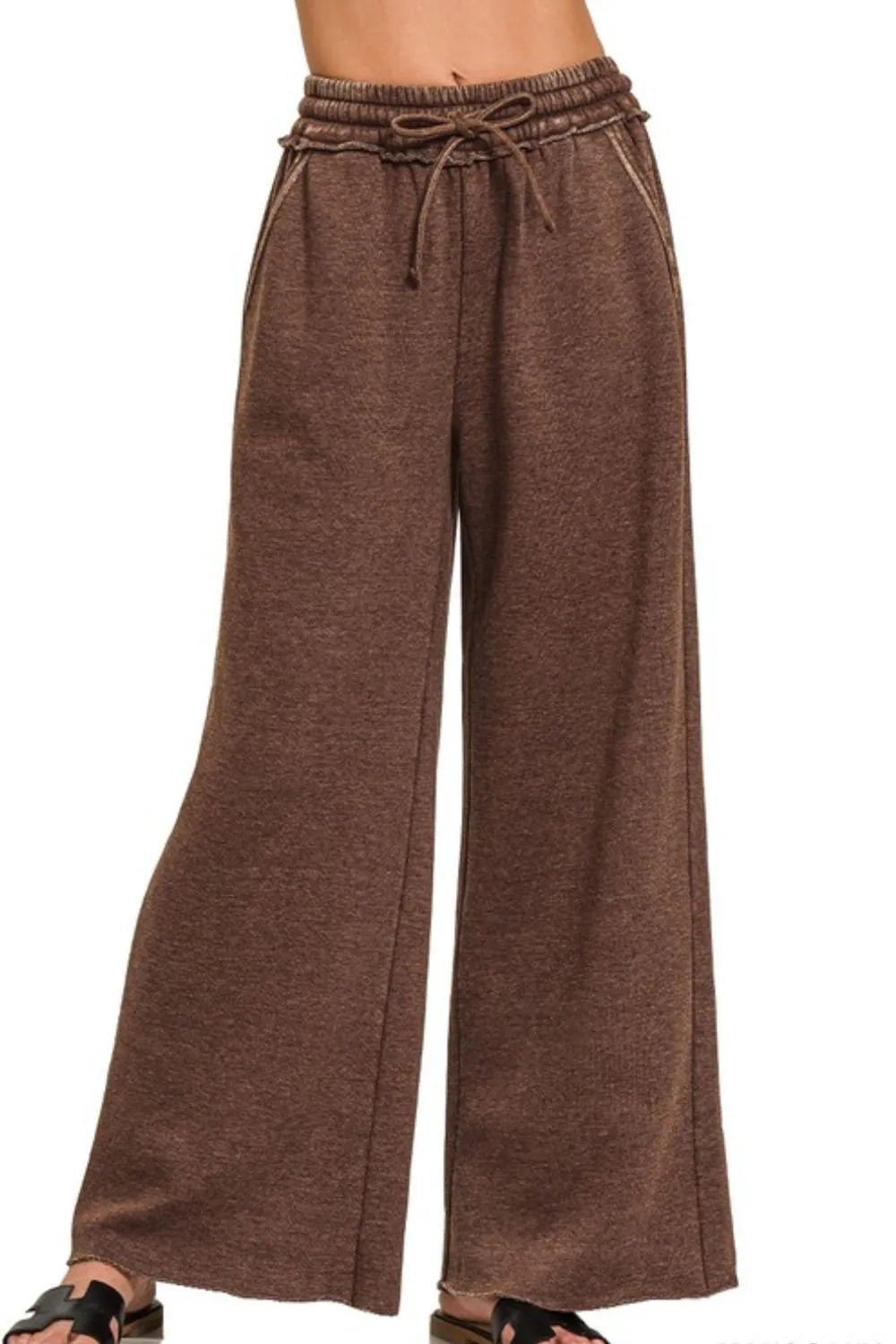 Zenana Mahogany Acid Wash Fleece Palazzo Sweatpants with Pockets MAHOGANY