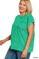 Zenana Kelly Green Crinkle Washed Round Neck Folded Short Sleeve Tee