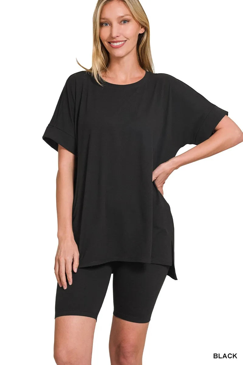 Zenana Brushed Dty Microfiber Round Neck Top and Biker Shorts Set BLACK