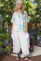 POL Aqua Lace Round Neck Short Sleeve Floral Pattern Top with Patch Detail