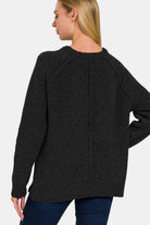 Zenana Black Side Slit Raglan Sleeve Sweater Shirts & Tops