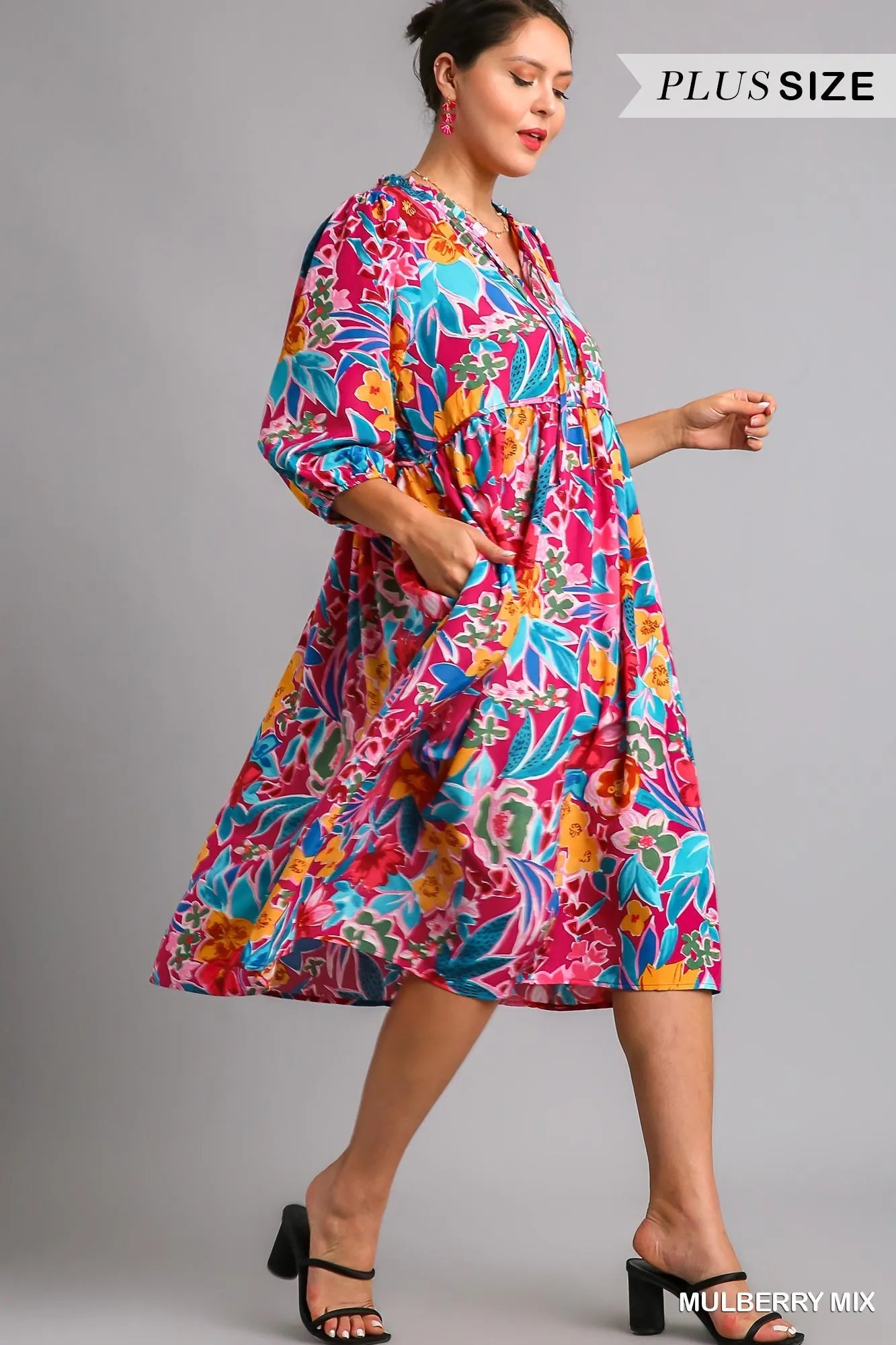 Umgee Mulberry Mix Floral Print Tie Neck Midi Dress with Pockets