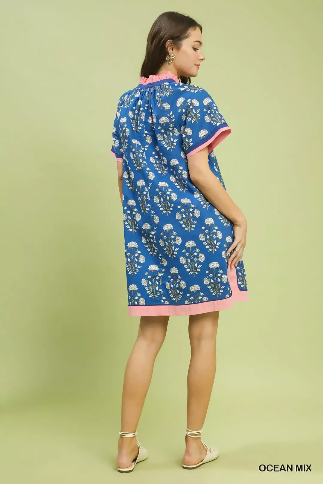 Umgee Ocean Mix Printed Split Neck Short Sleeve Shift Dress