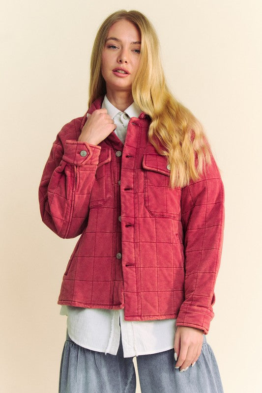 Davi & Dani Brick Mineral Washed Quilted Button Down Shacket with Chest Pockets Brick Coats & Jackets