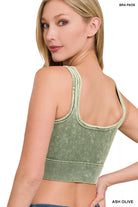 Zenana Ash Olive Washed Ribbed Seamless Square Neck With Bra Pads