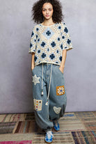 POL Blue Multi Round Neck Short Sleeve Color Pattern Crochet Top with Border Accents