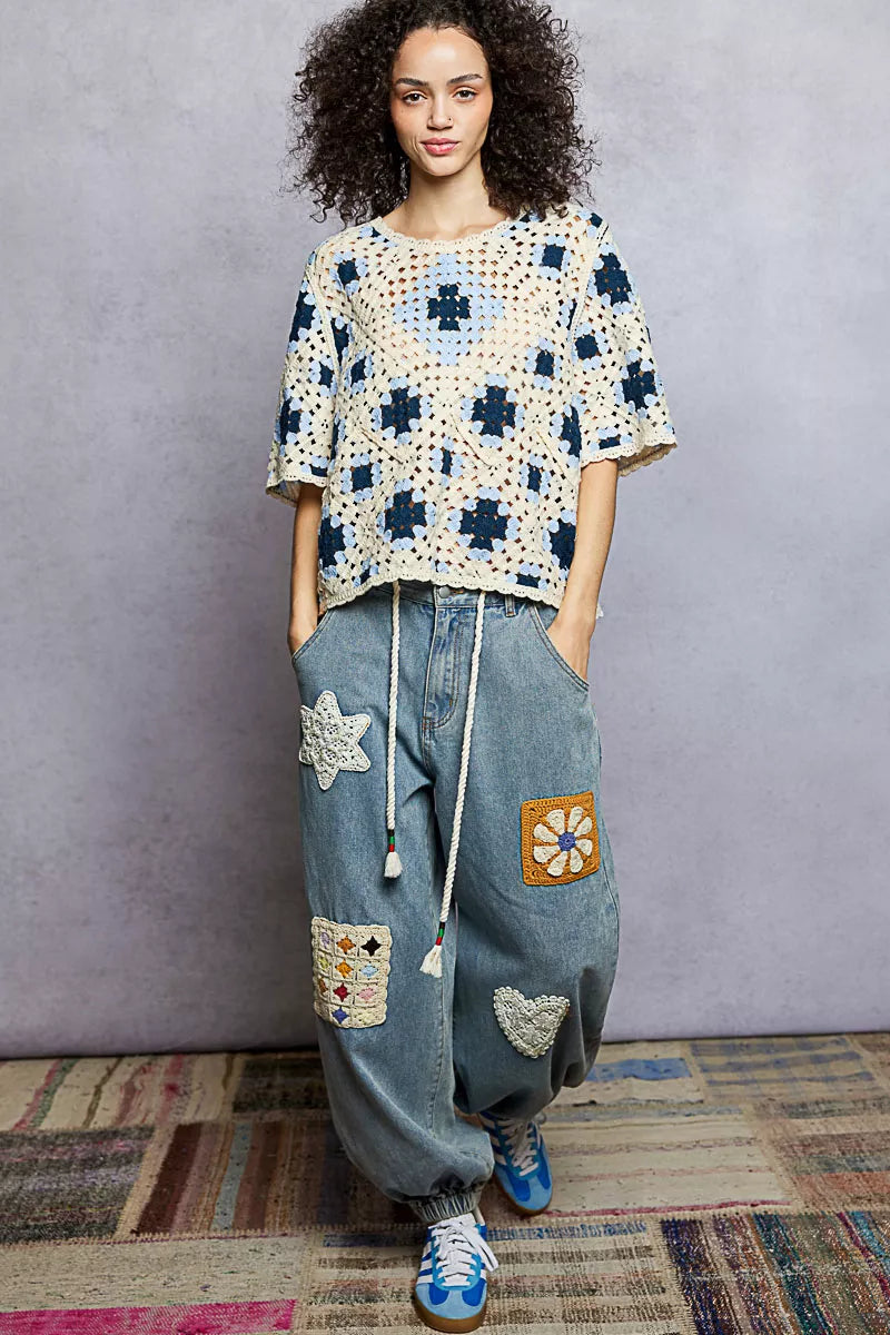 POL Blue Multi Round Neck Short Sleeve Color Pattern Crochet Top with Border Accents