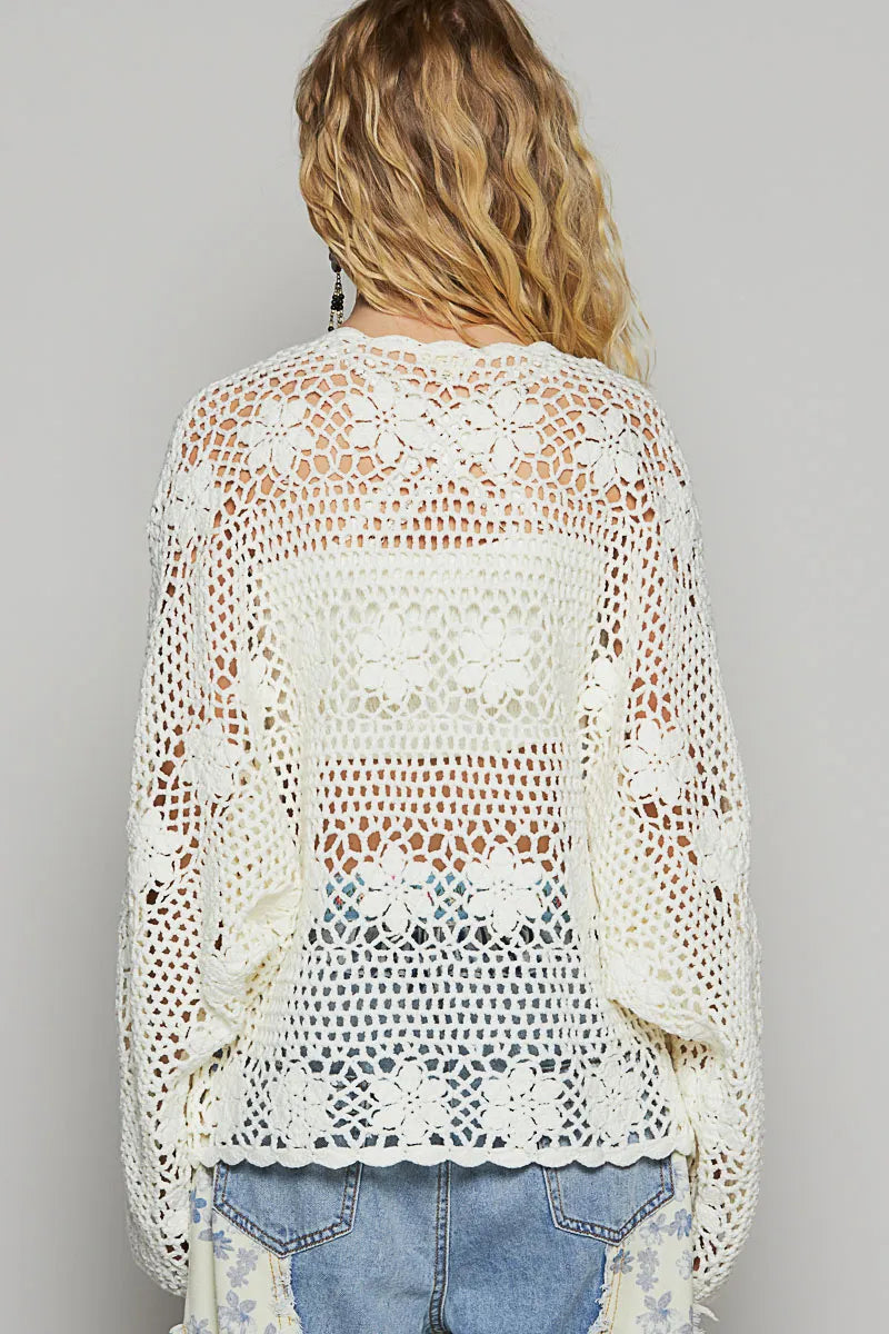 POL Ivory Floral Patch Crochet Open-Front Cardigan
